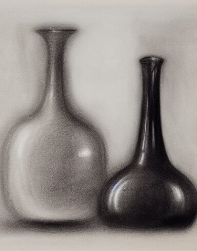 The black and white drawing of two vases and a bottles