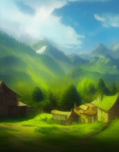 The digital art of a small village in the mountains