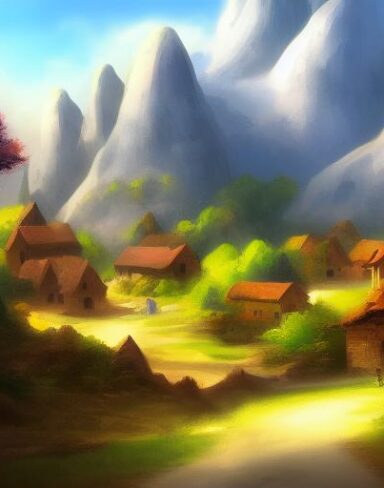The digital painting of a small village in the mountains