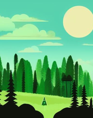 The green and black landscape with various trees and houses