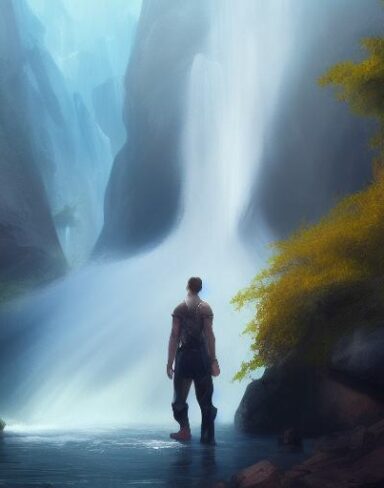 The painting of a man standing in front of a waterfall