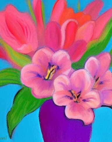 The painting of several pink flowers in a vase