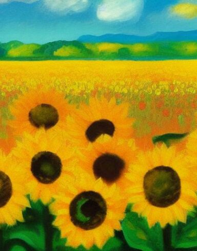 The painting of sunflowers in the field