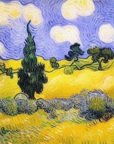The painting of wheatfield with cypress trees