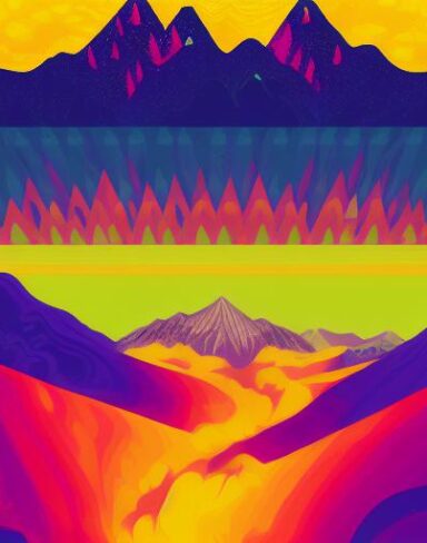 The psychedelic art poster with mountains in the background