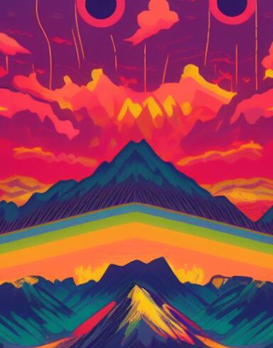 The psychedelic poster with mountains in the background