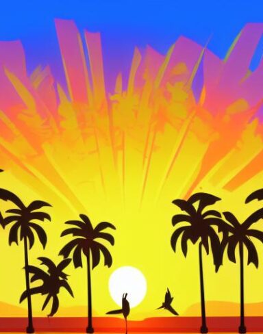 The sunset with palm trees and birds