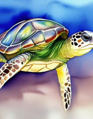 The watercolor painting of a sea turtle