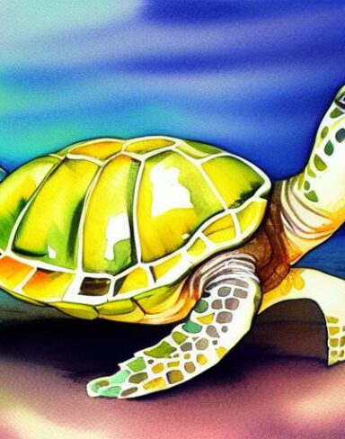 Watercolor color painting of one sea turtle