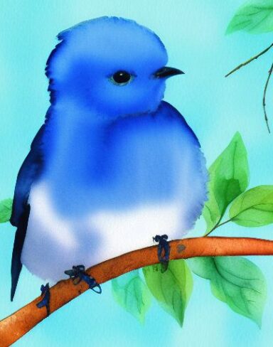 Watercolor painting of a blue bird and a branch