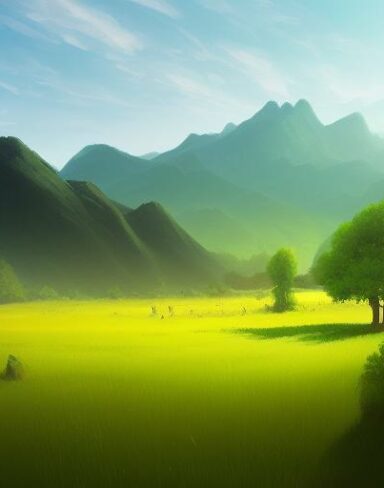 With dim sunlight a painting of a green field with mountains in the background