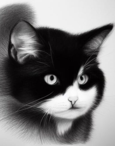 A black and white drawing of a fluffy cat