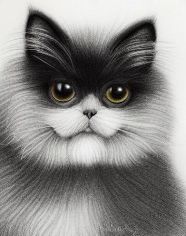 A black and white drawing of persian cat