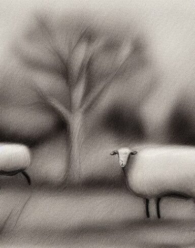 A black and white drawing of sheep and few trees with small house