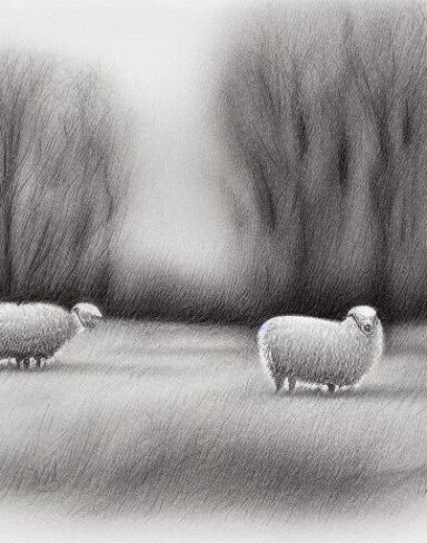 A black and white drawing of sheep and some trees