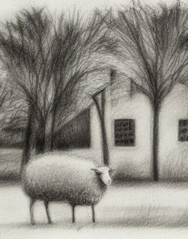 A black and white drawing of sheep and some trees with a house behind