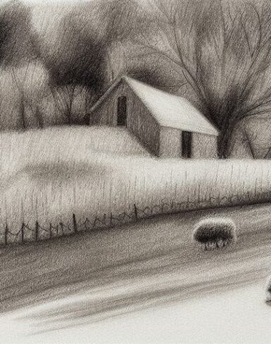 A black and white drawing of sheep and trees with a house behind