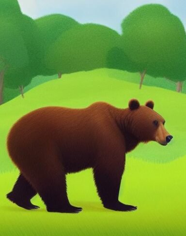 A brown bear in the lush green field