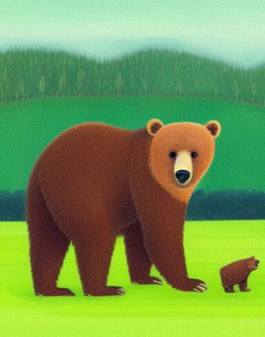 A brown bear in the lush green field