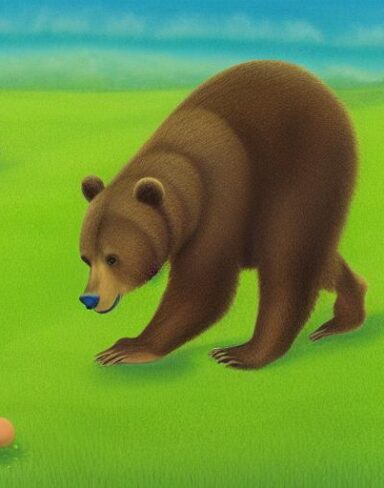 A brown bear on the lush green field