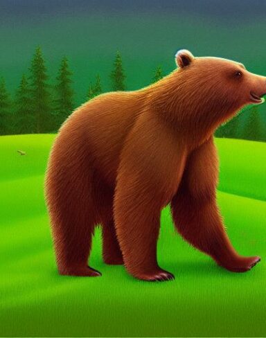 A brown bear on the lush green field