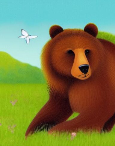 A brown bear sitting on the lush green field