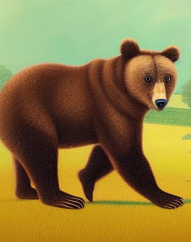 A brown bear sitting on the lush green field