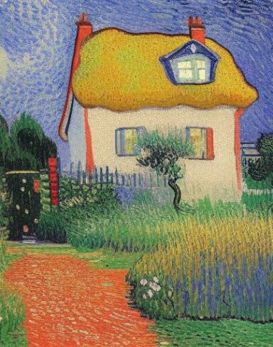 A color painting of the house in a garden