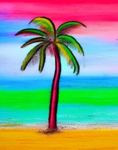 A color painting of the palm tree on a beach