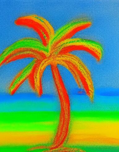 A color painting of the palm tree on a beach
