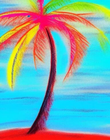 A color painting of the palm tree on a beach