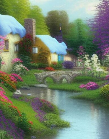 A cottage by a river with vivid flowers painting