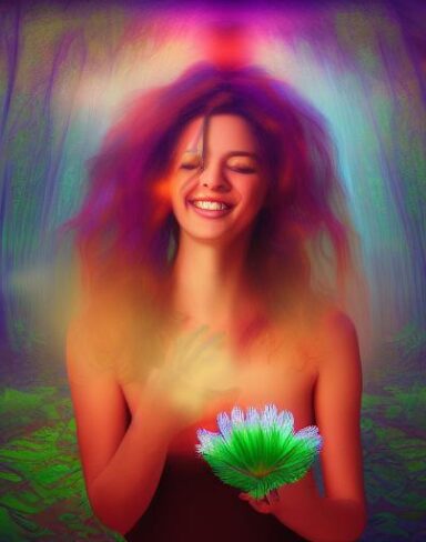 A digital 2D fantasy psychedelic artwork painting of a woman holding a laughing flower