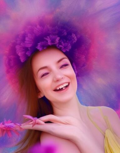 A digital 2D fantasy psychedelic artwork painting of a woman holding a laughing flower