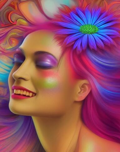 A digital 2D fantasy psychedelic artwork painting of a woman holding a laughing flower