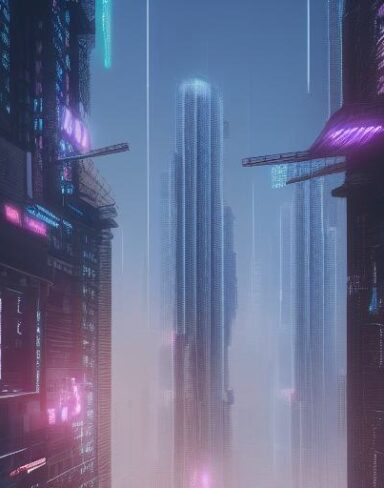 A digital city filled with tall buildings and citizens