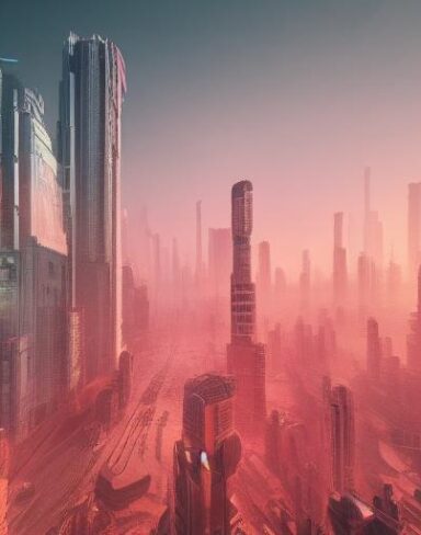 A digital city filled with tall buildings and citizens