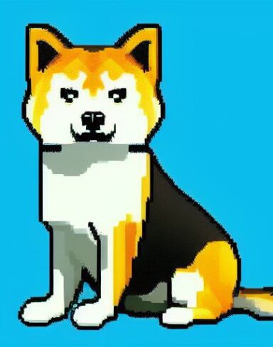 A dog sitting in front of a blue background