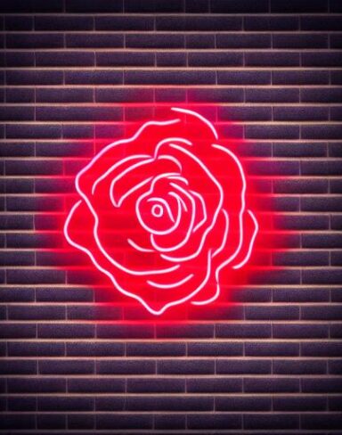 A flower symbol neon sign on the wall