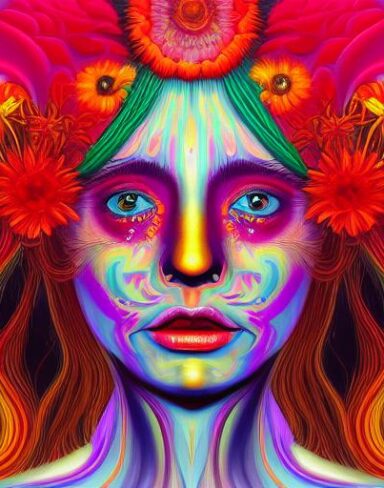 A highly detailed close-up painting of a psychedelic woman’s face