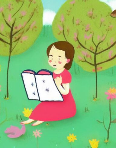 A little girl is reading a book