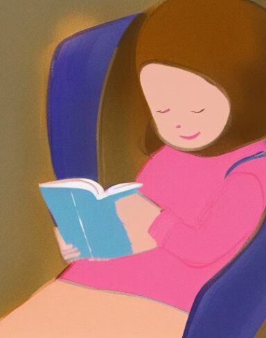 A little girl sitting on a chair reading a book