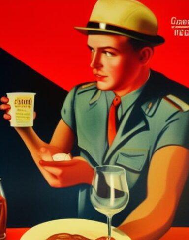 A man holding a cup of water in front of a plate of dessert