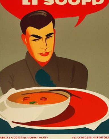 A man holding a spoon in front of a bowl of soup
