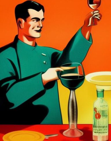 A man holding a wine glass in front of a bowl of soup