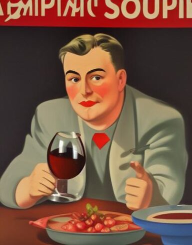 A man holding a wine glass in front of a bowl of soup