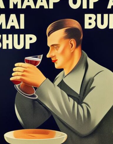 A man holding a wine glass in front of a bowl of soup