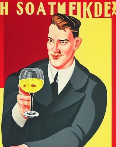 A man holding a wine glass in front of a plate of cake