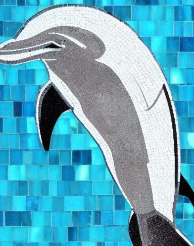 A mosaic of a dolphin in the sea
