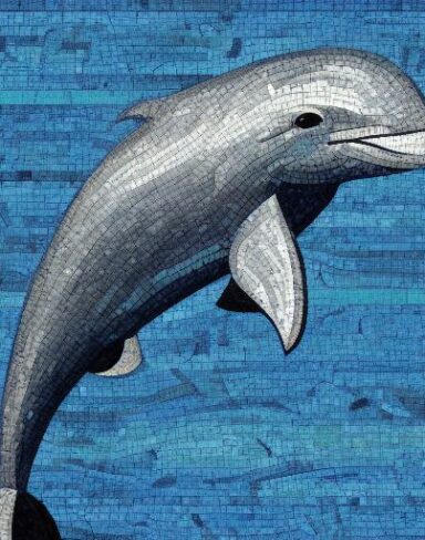 A mosaic of a dolphin swimming in the marine ocean